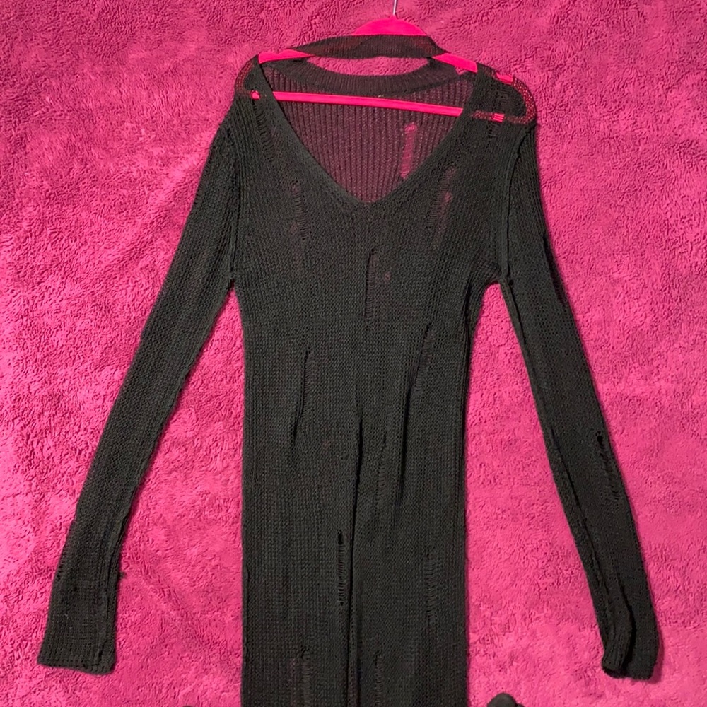 Gothic ripped black long dress with open neck